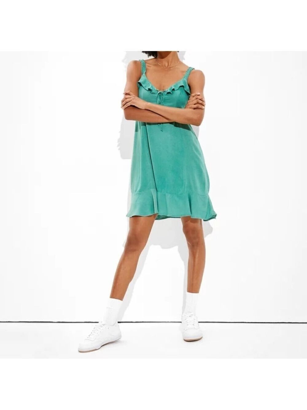 S • American Eagle • Green Sleeveless Mini Dress w Crisscross Tie Bust & Ruffles